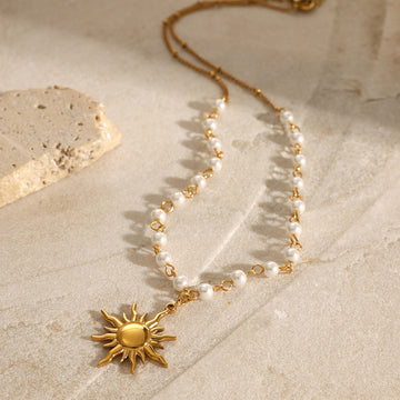 Mirabella Layered Pearl Sunflower Necklace [L0H5ACJM]