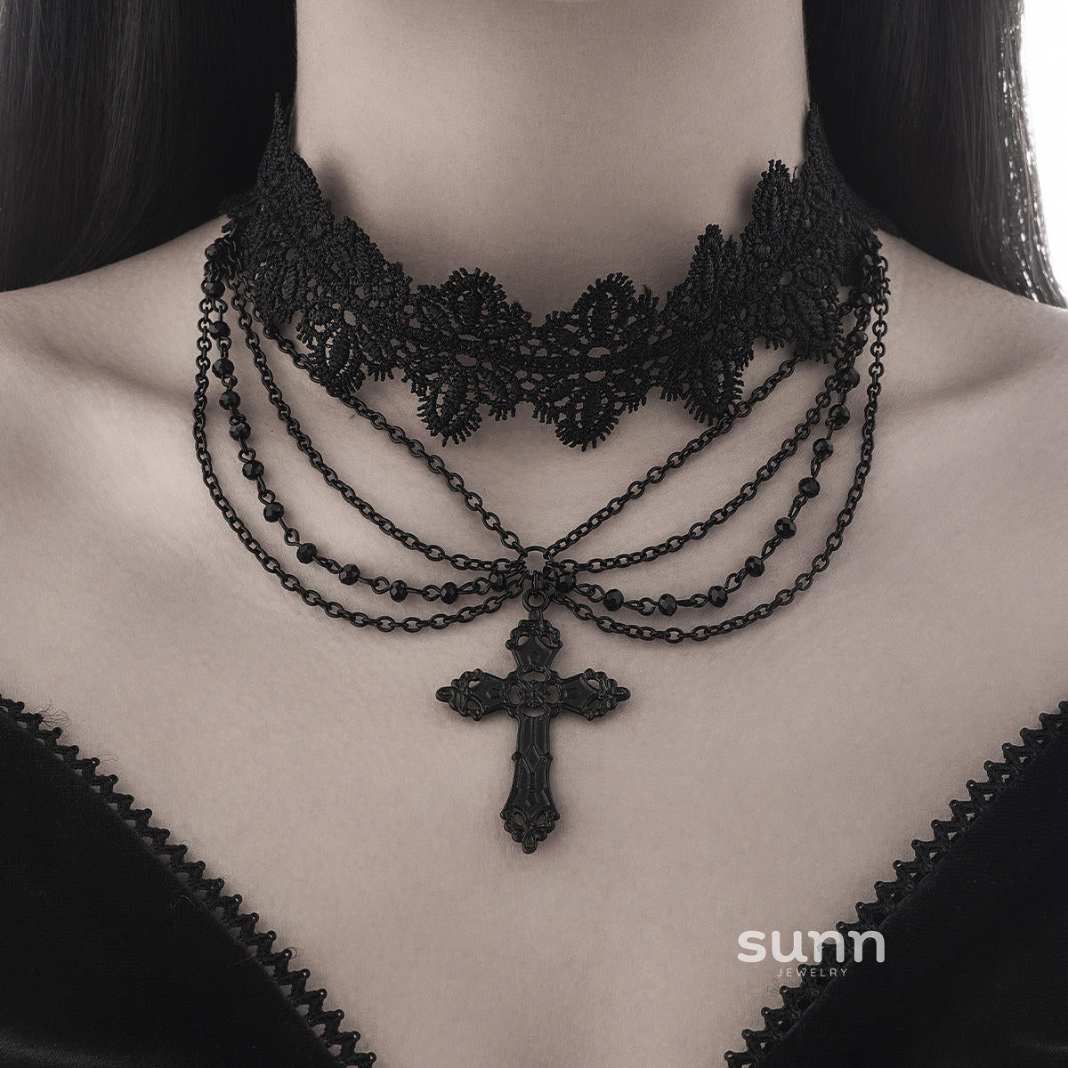 Miroslava Gothic Beaded Cross Necklace [PXWMB0KK]