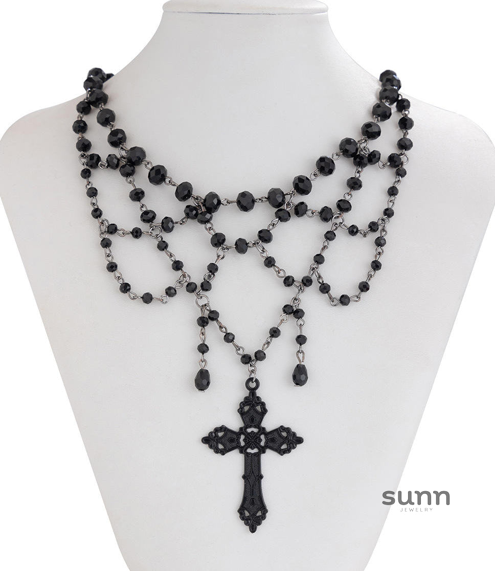 Miroslava Gothic Beaded Cross Necklace [KFBROGJM]