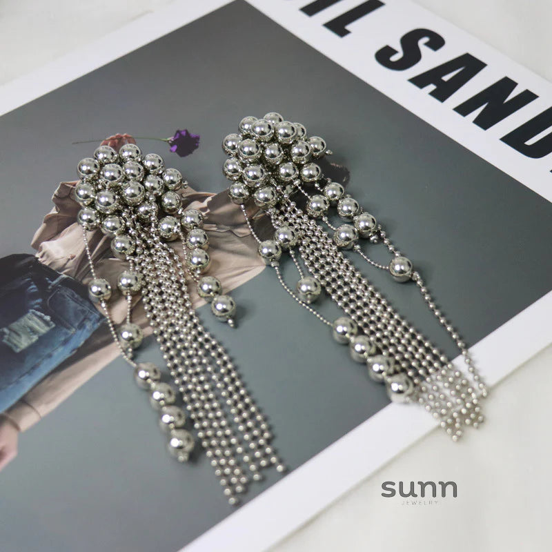 Moana Silver Beaded Tassel Earrings