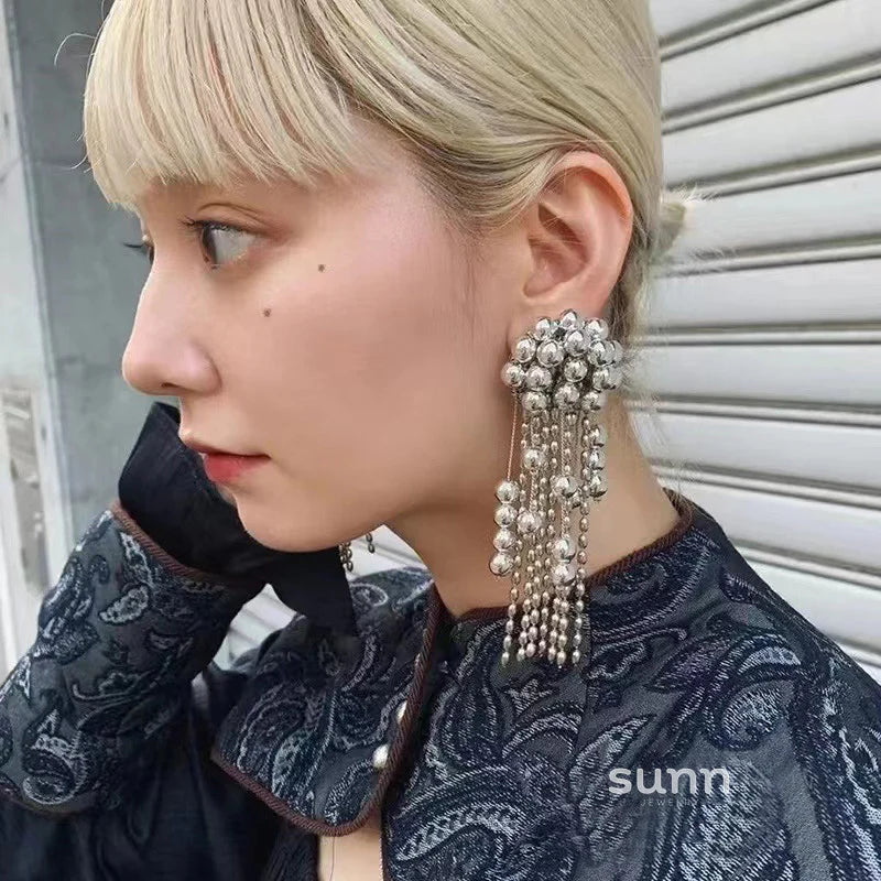 Moana Silver Beaded Tassel Earrings