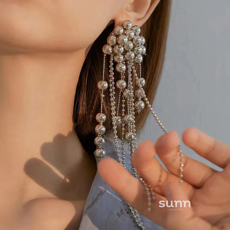 Moana Silver Beaded Tassel Earrings