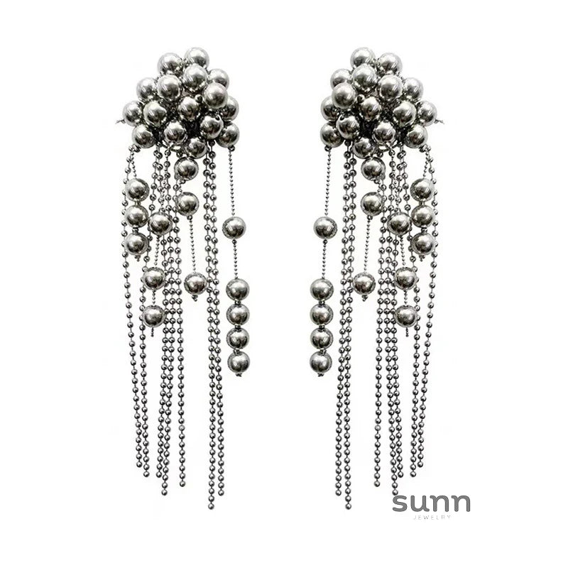 Moana Silver Beaded Tassel Earrings