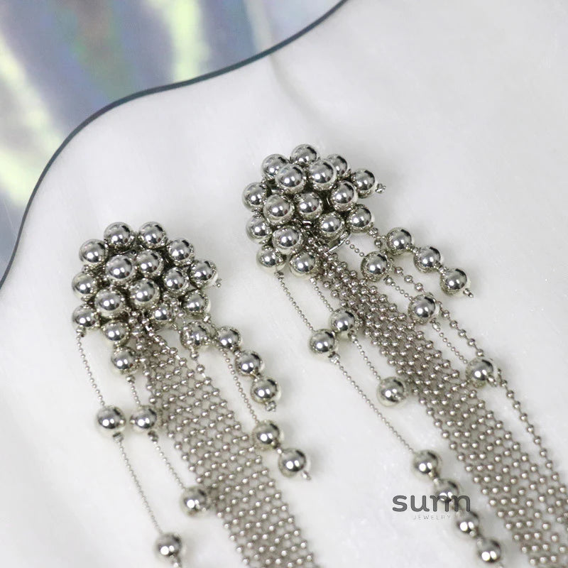 Moana Silver Beaded Tassel Earrings