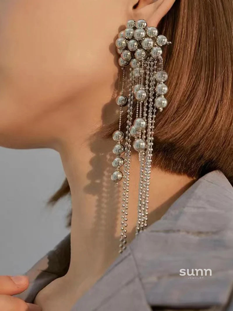 Moana Silver Beaded Tassel Earrings