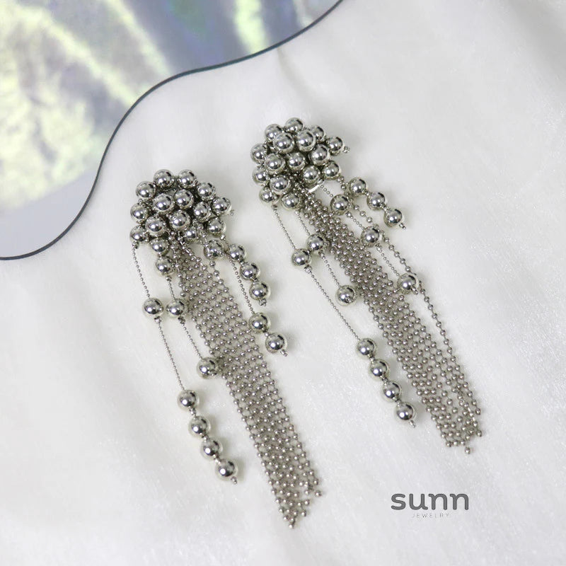 Moana Silver Beaded Tassel Earrings