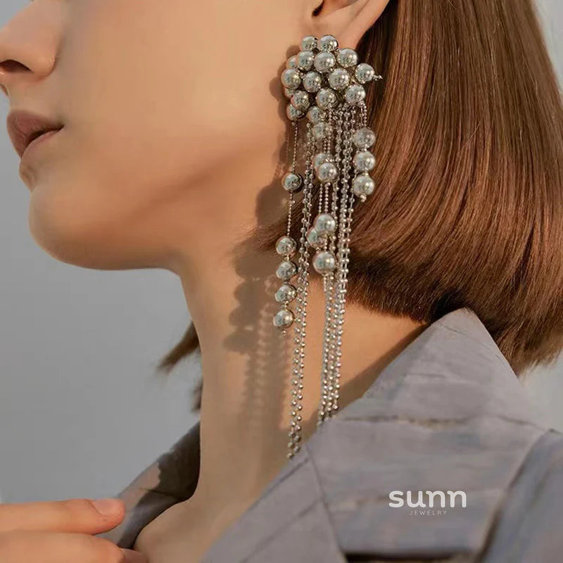 Moana Silver Beaded Tassel Earrings
