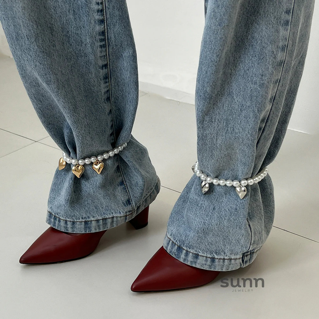 Navya Heart Pearl Anklet Set