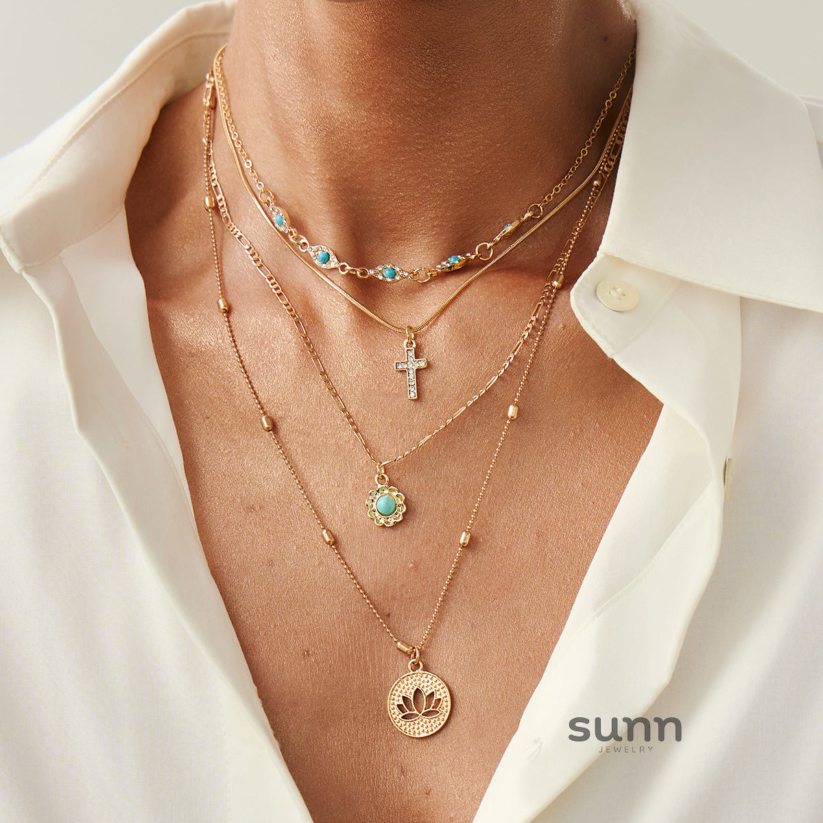 Nechama Layered Floral Cross Necklace [8R2WQ153]