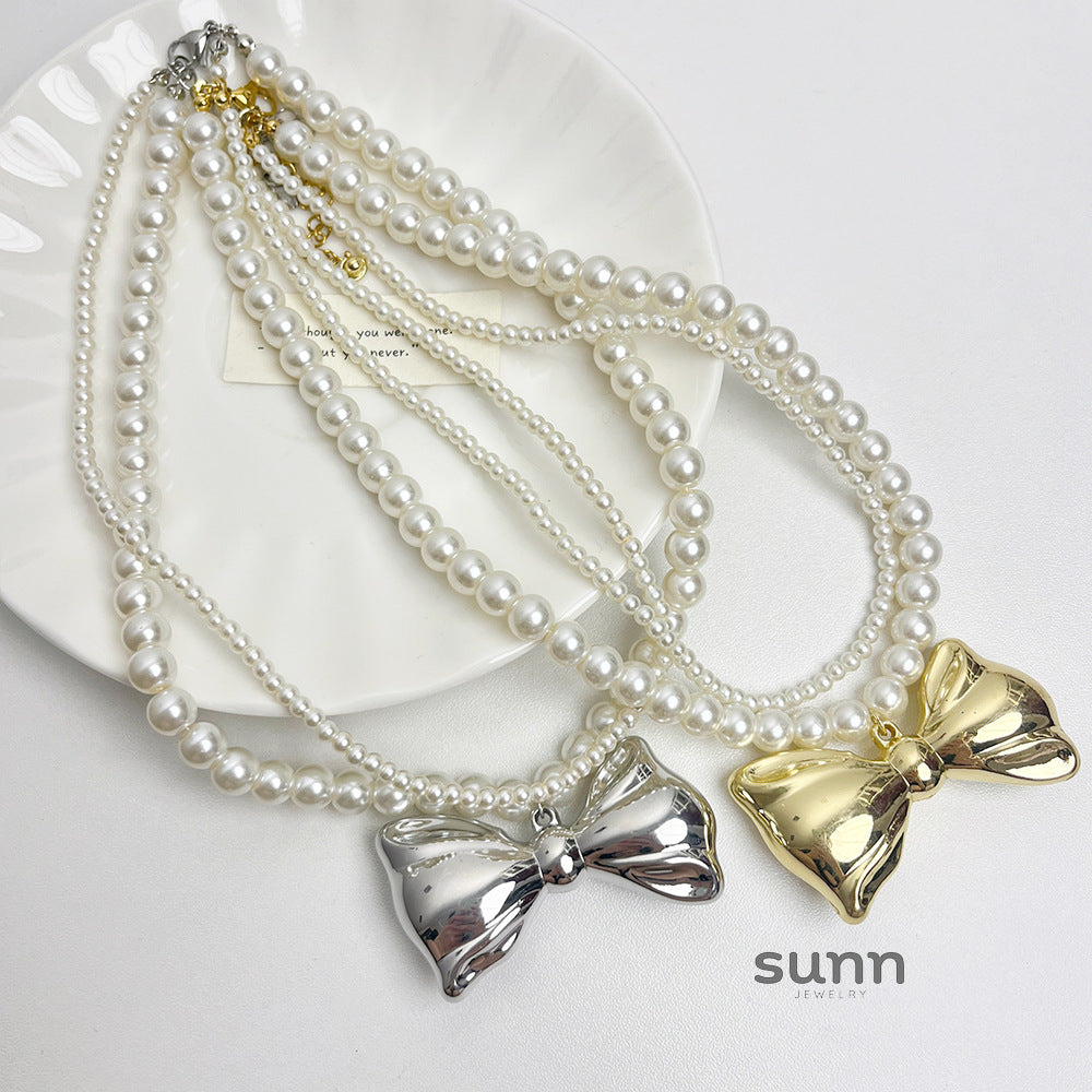 Nylah Pearl Bow Layered Necklace [YXGR8KEI]