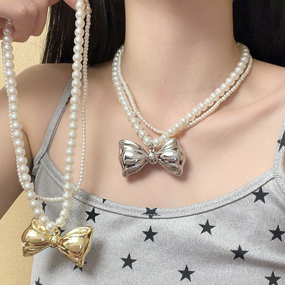 Nylah Pearl Bow Layered Necklace [QOQXBVTG]