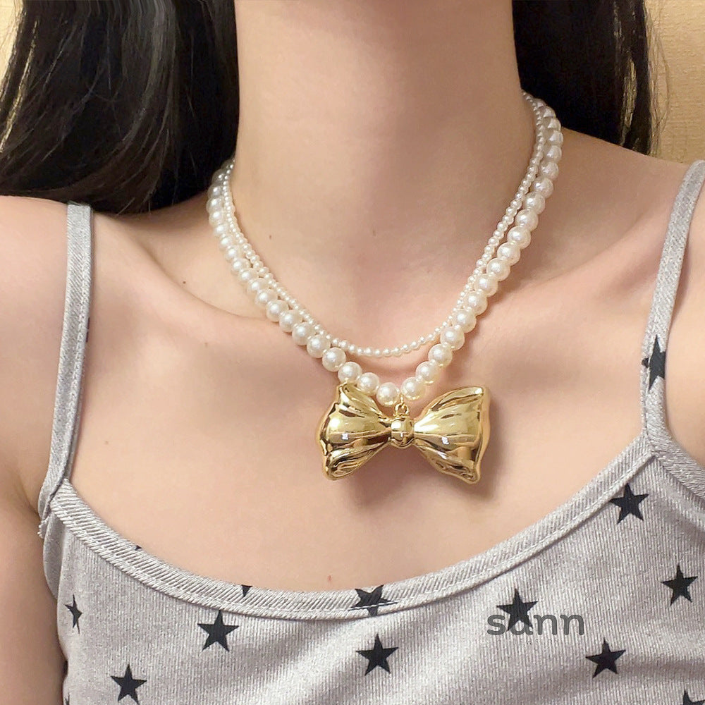 Nylah Pearl Bow Layered Necklace [3L5HCG11]