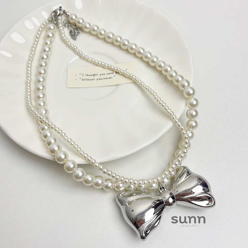 Nylah Pearl Bow Layered Necklace [P4G384WB]