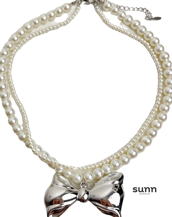 Nylah Pearl Bow Layered Necklace [FKOW8K14]