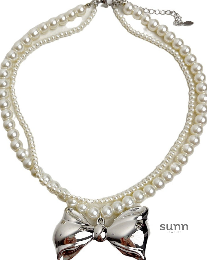 Nylah Pearl Bow Layered Necklace [O7CINGSR]