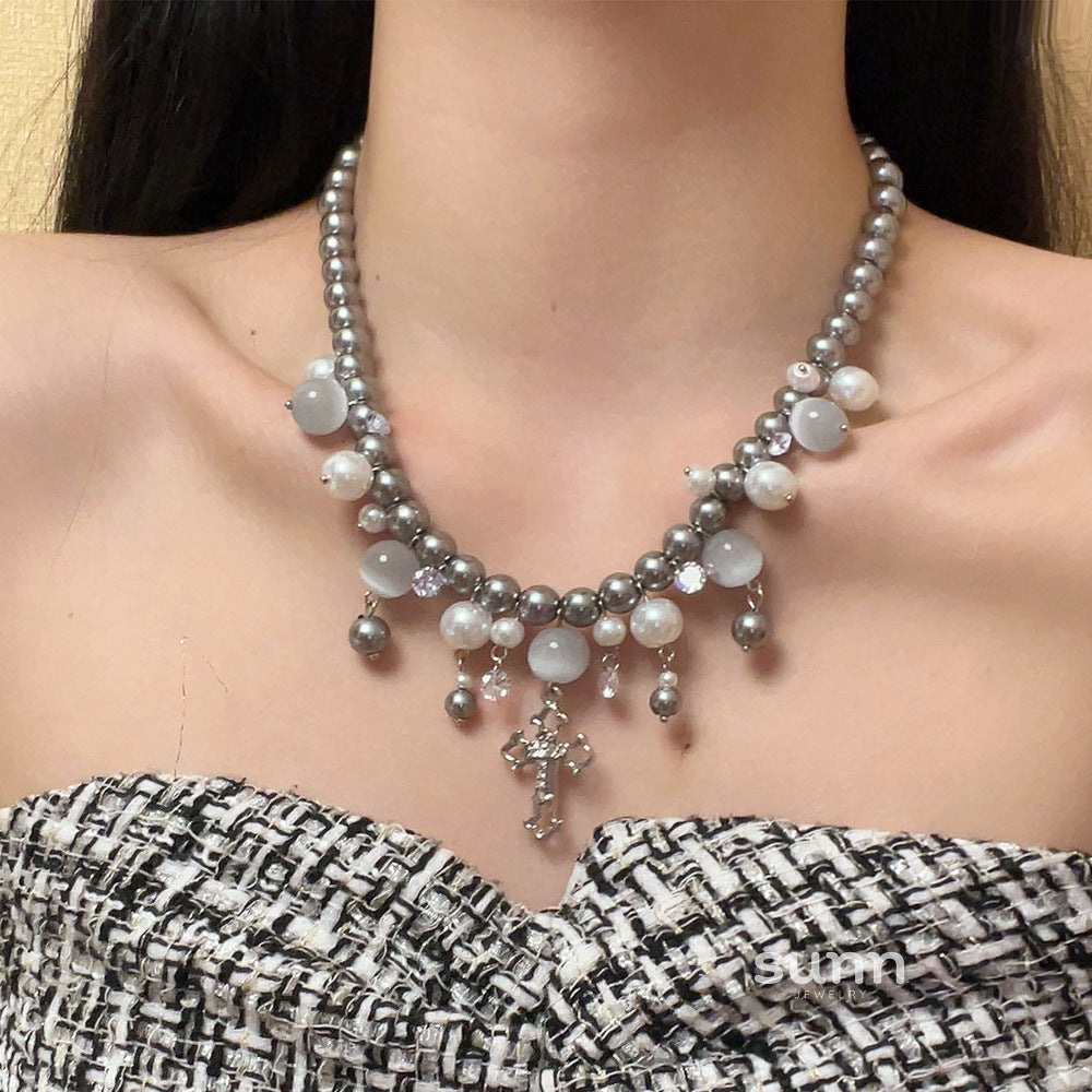 Oaklee Gray Pearl Cross Choker [G2JSKO03]