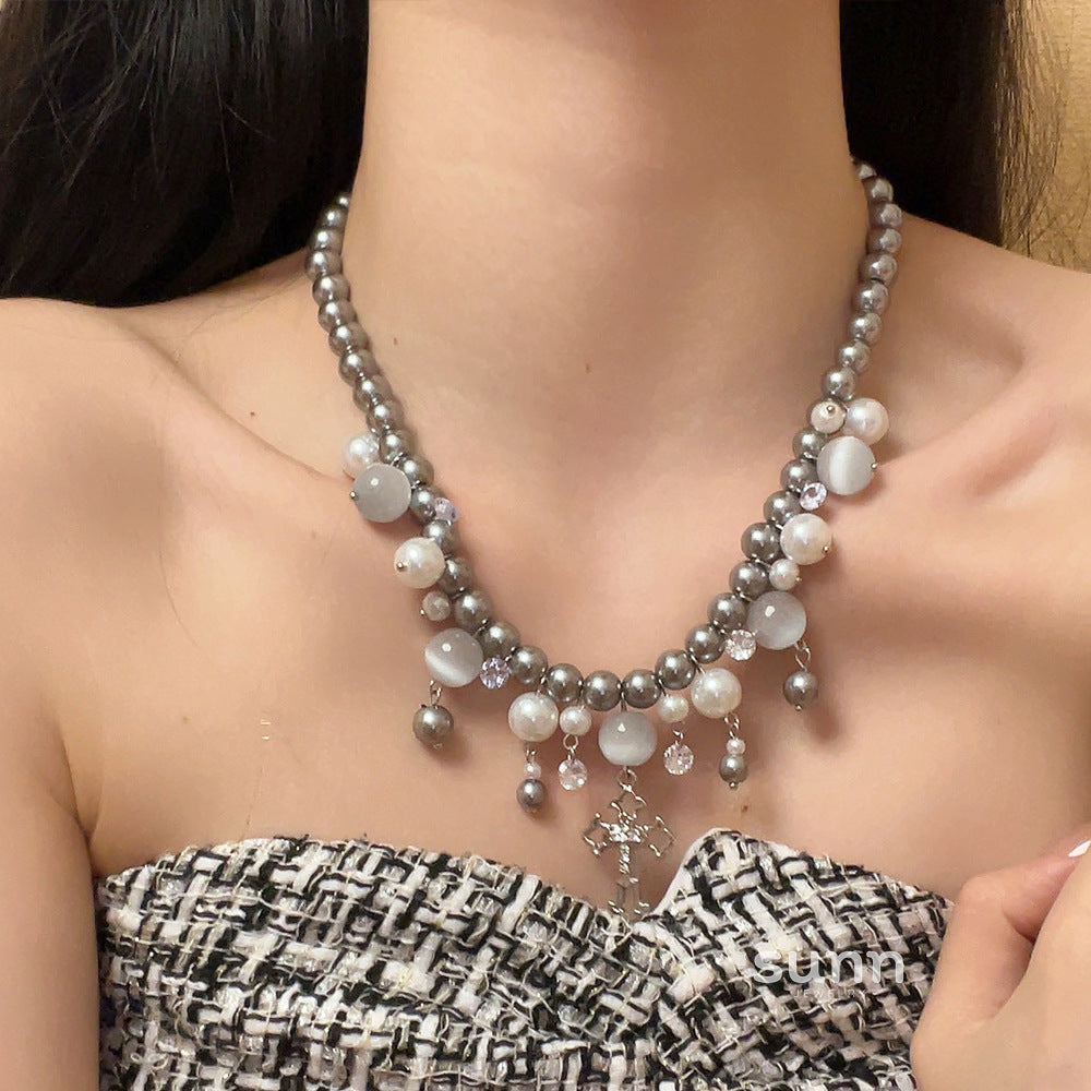 Oaklee Gray Pearl Cross Choker [B8JWJXZV]