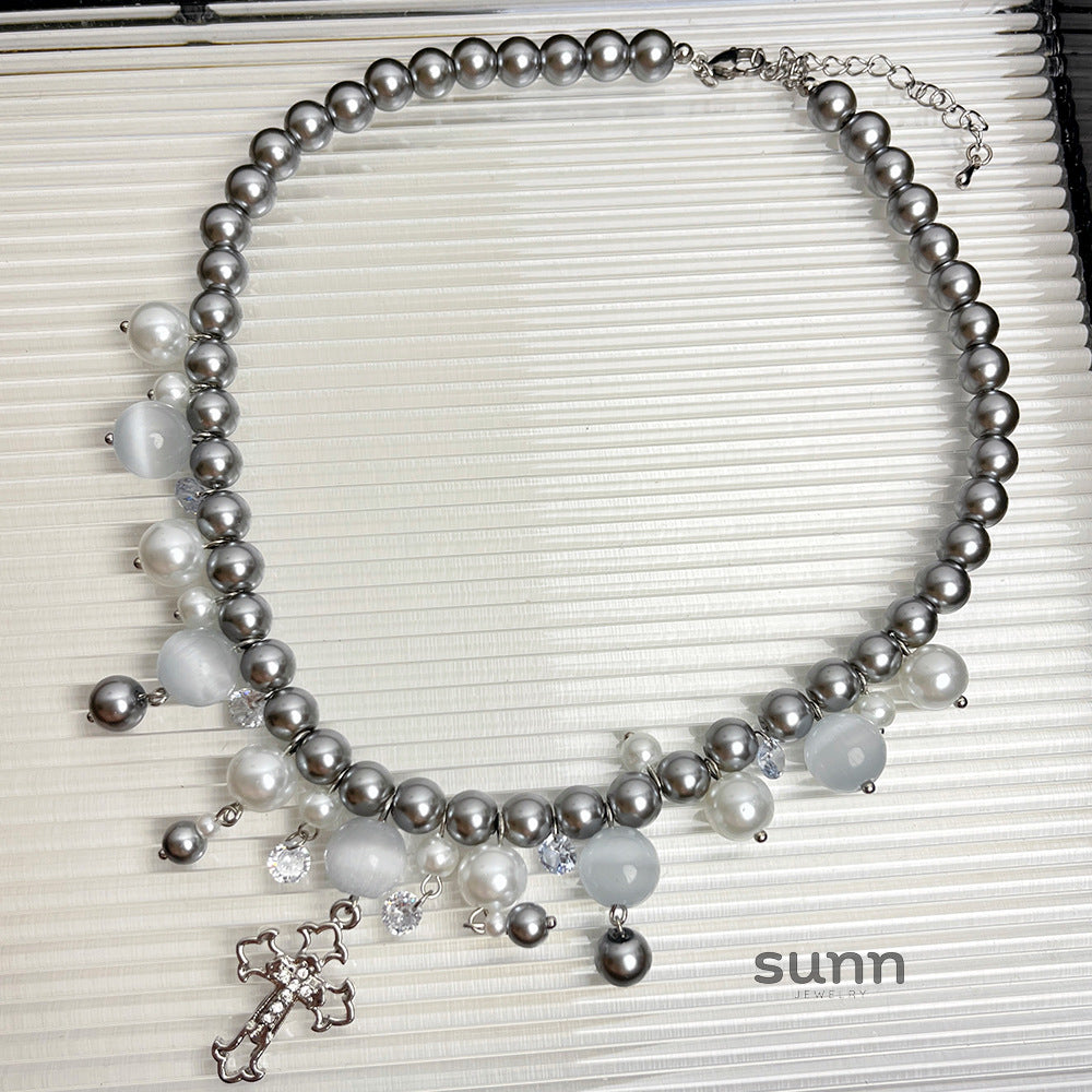 Oaklee Gray Pearl Cross Choker [76FAEA92]