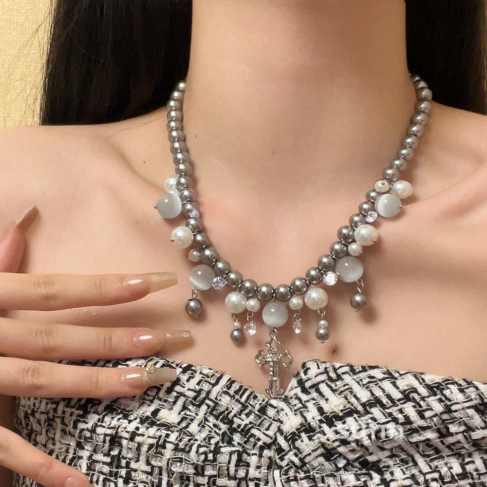 Oaklee Gray Pearl Cross Choker [8SBMEY15]