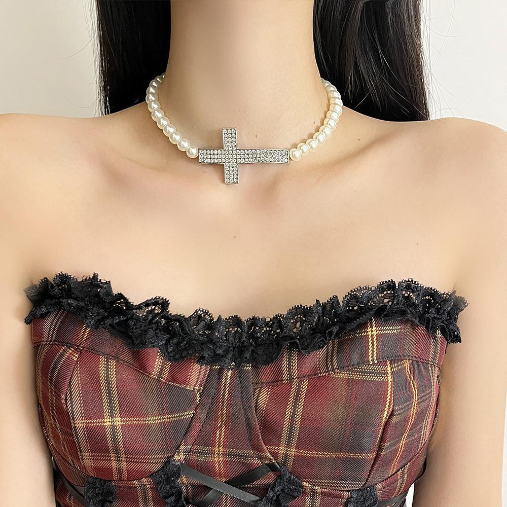 Phoenyx Pearl Cross Choker [SJL365X2]