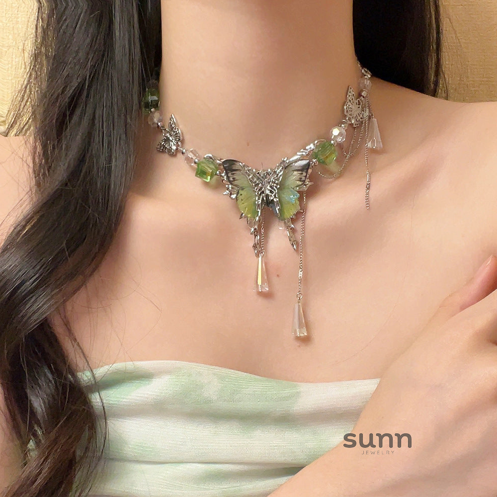 Pilar Green Crystal Butterfly Necklace