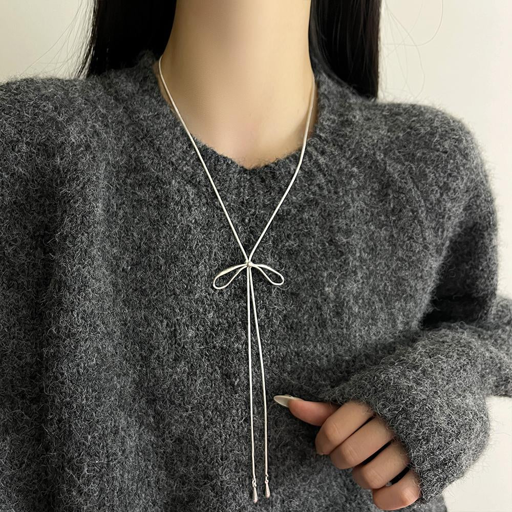 Reese Silver Bow Tassel Necklace [N74SFYWV]