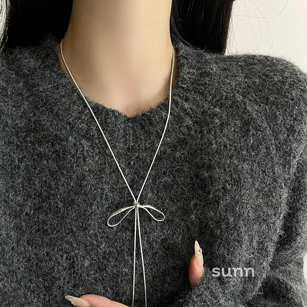 Reese Silver Bow Tassel Necklace [N74SFYWV]