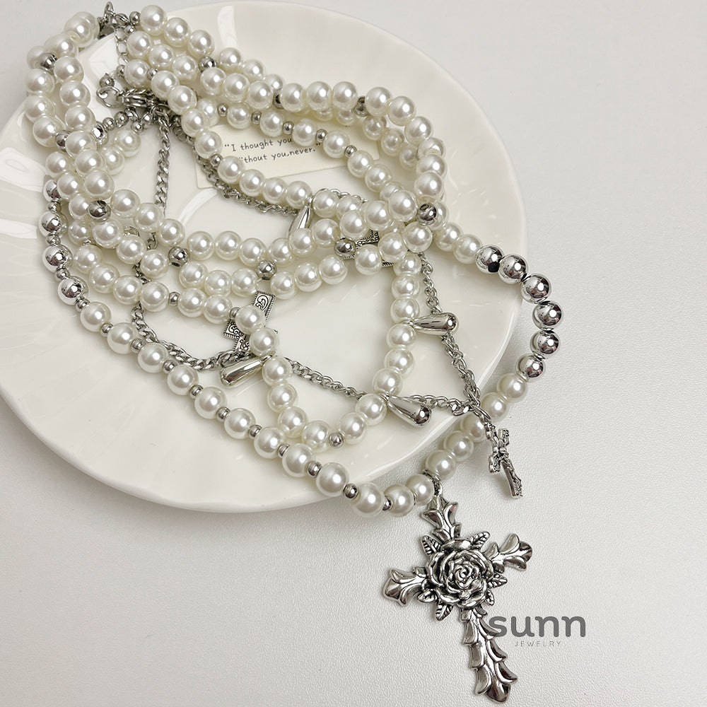 Rivkah Pearl Cross Layered Necklace [IM41JD74]