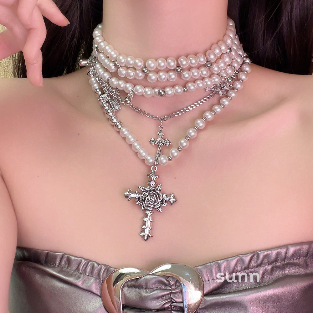 Rivkah Pearl Cross Layered Necklace [5FQY2BAN]