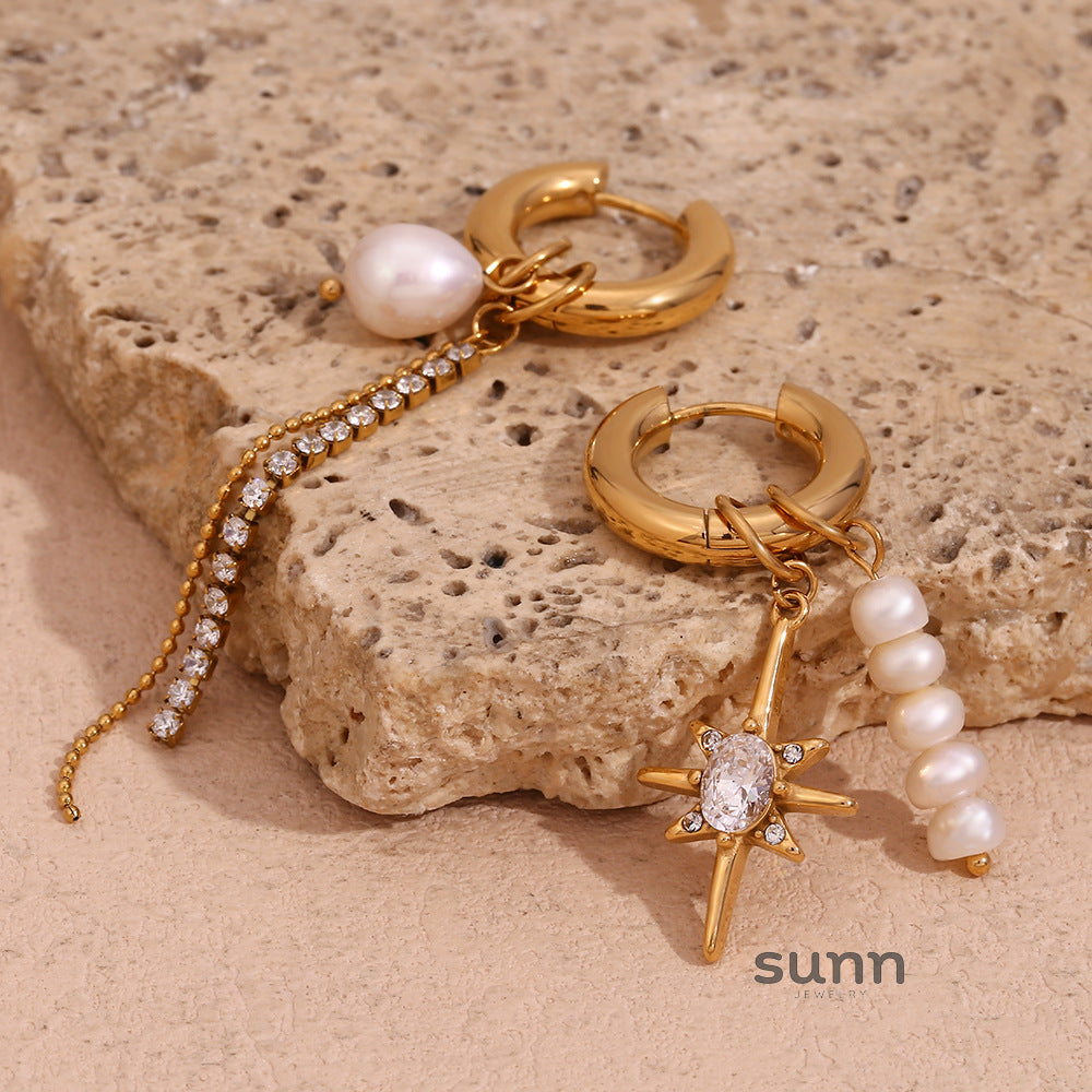 Rowena Asymmetric Pearl Star Earrings [M60GD5CL]