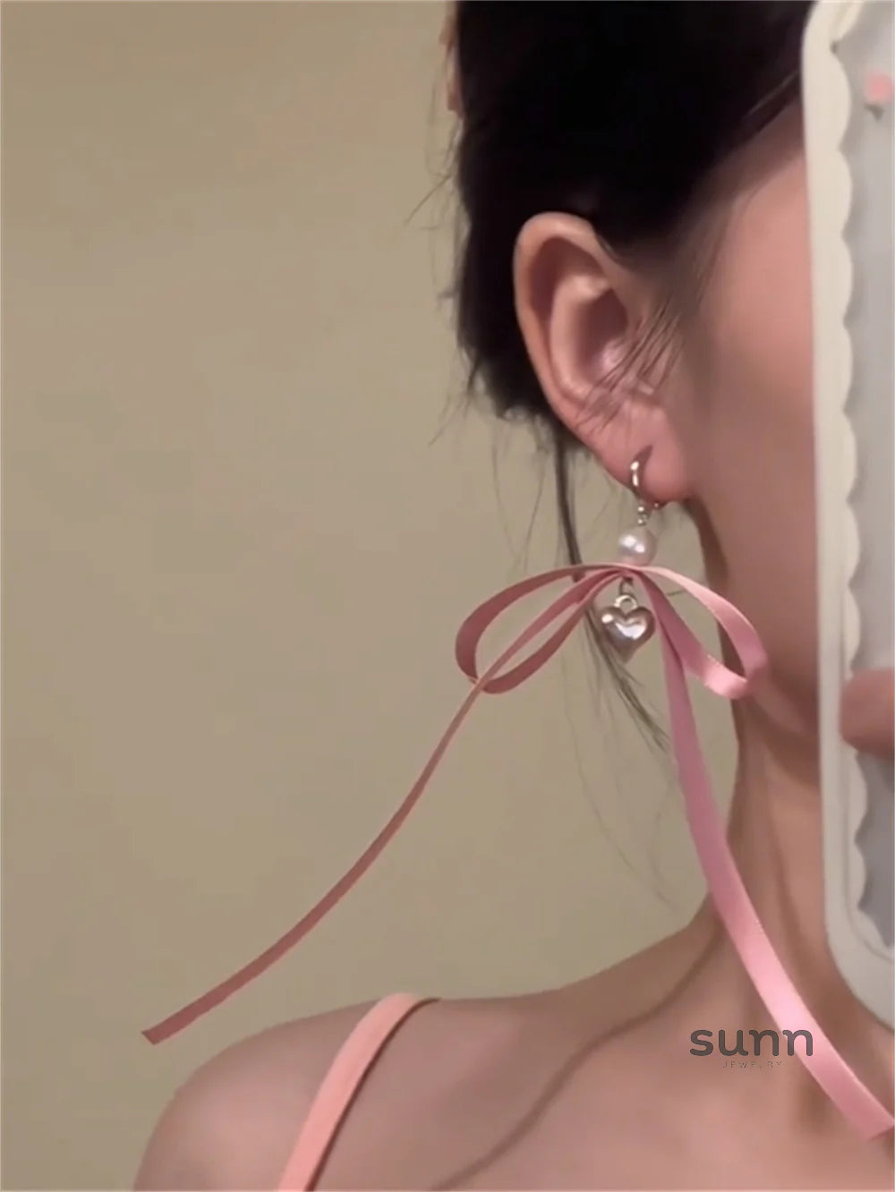 Ruthann Pink Bow Pearl Dangle Earrings