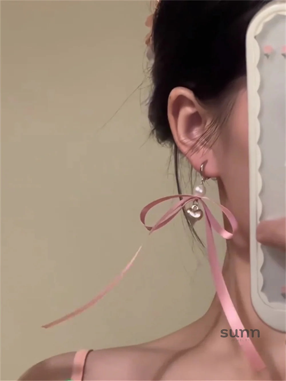 Ruthann Pink Bow Pearl Dangle Earrings
