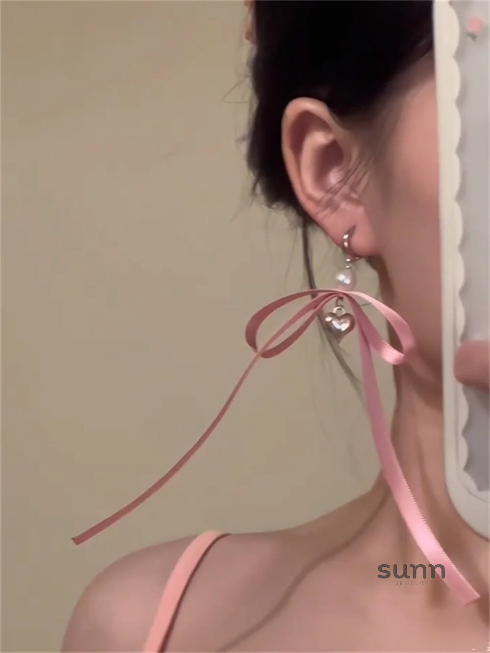 Ruthann Pink Bow Pearl Dangle Earrings