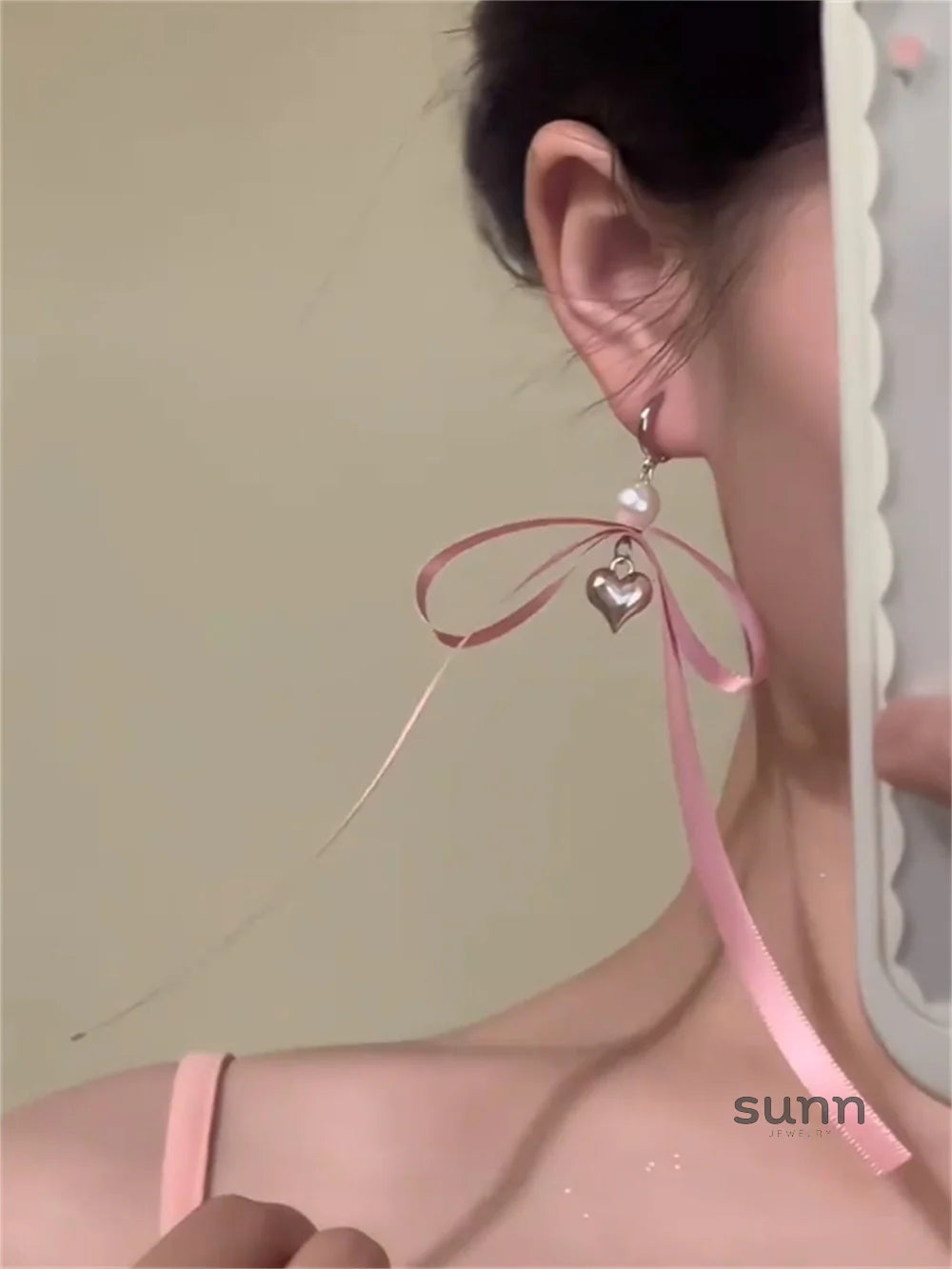 Ruthann Pink Bow Pearl Dangle Earrings