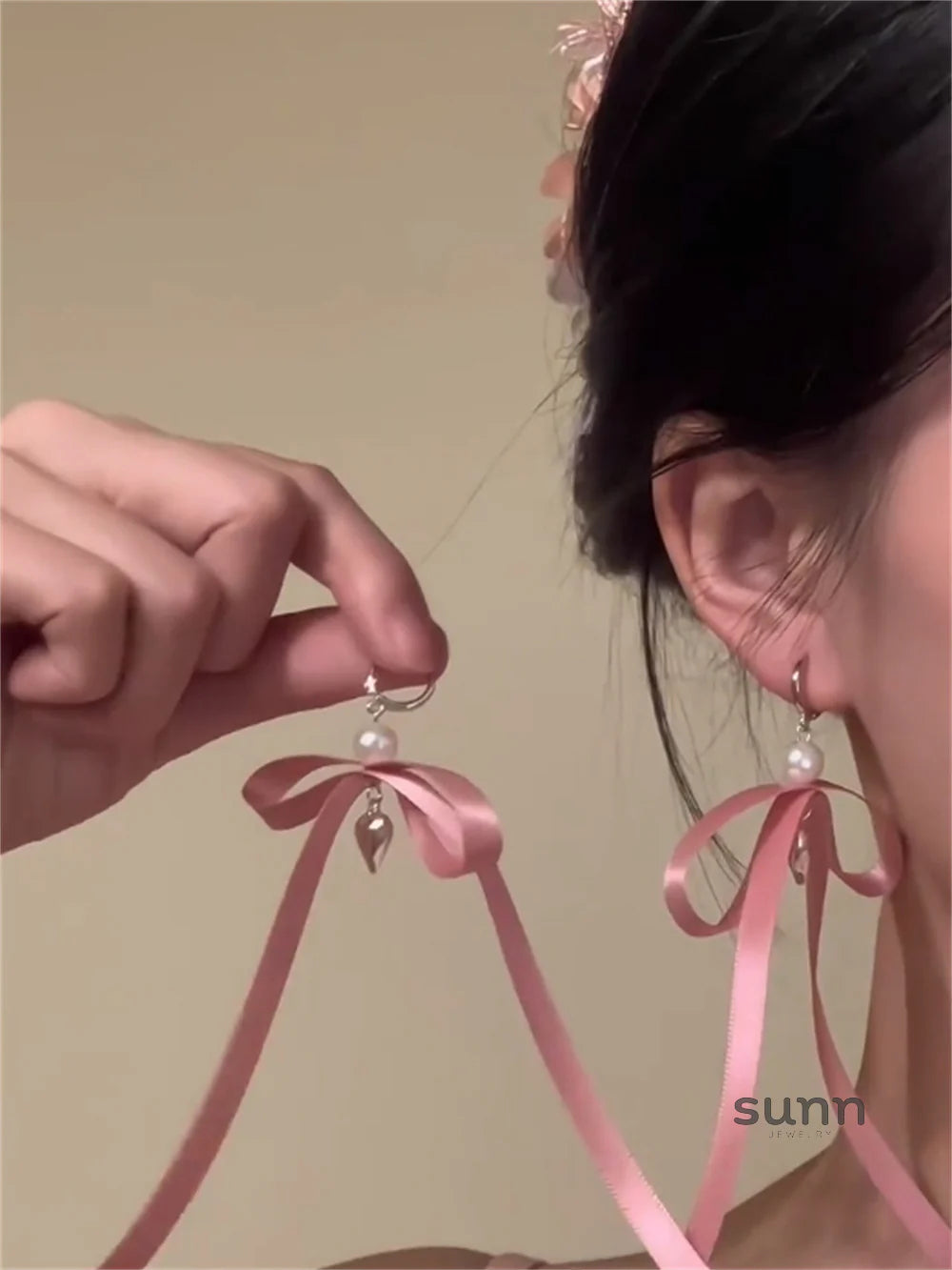 Ruthann Pink Bow Pearl Dangle Earrings