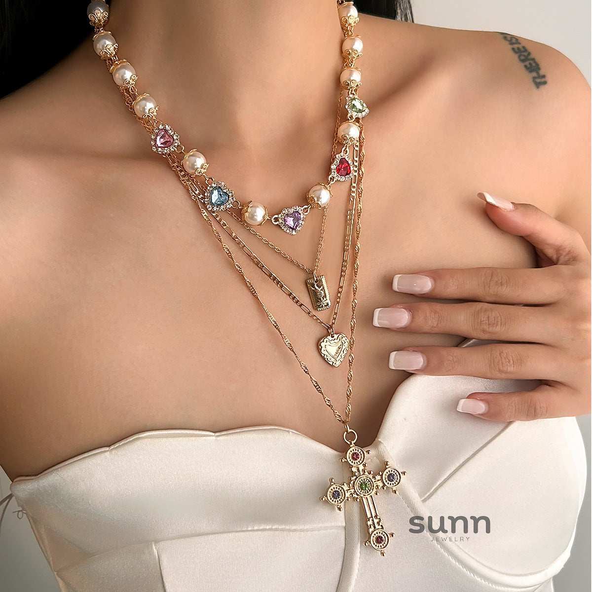 Rylinn Layered Cross Pearl Necklace [JVQJEAJI]