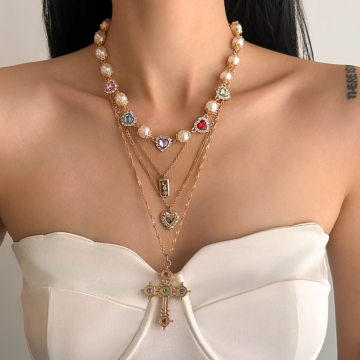 Rylinn Layered Cross Pearl Necklace [MYYFPL4E]