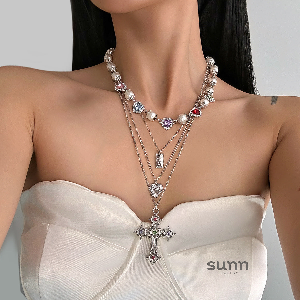 Rylinn Layered Cross Pearl Necklace [87HFZN1W]