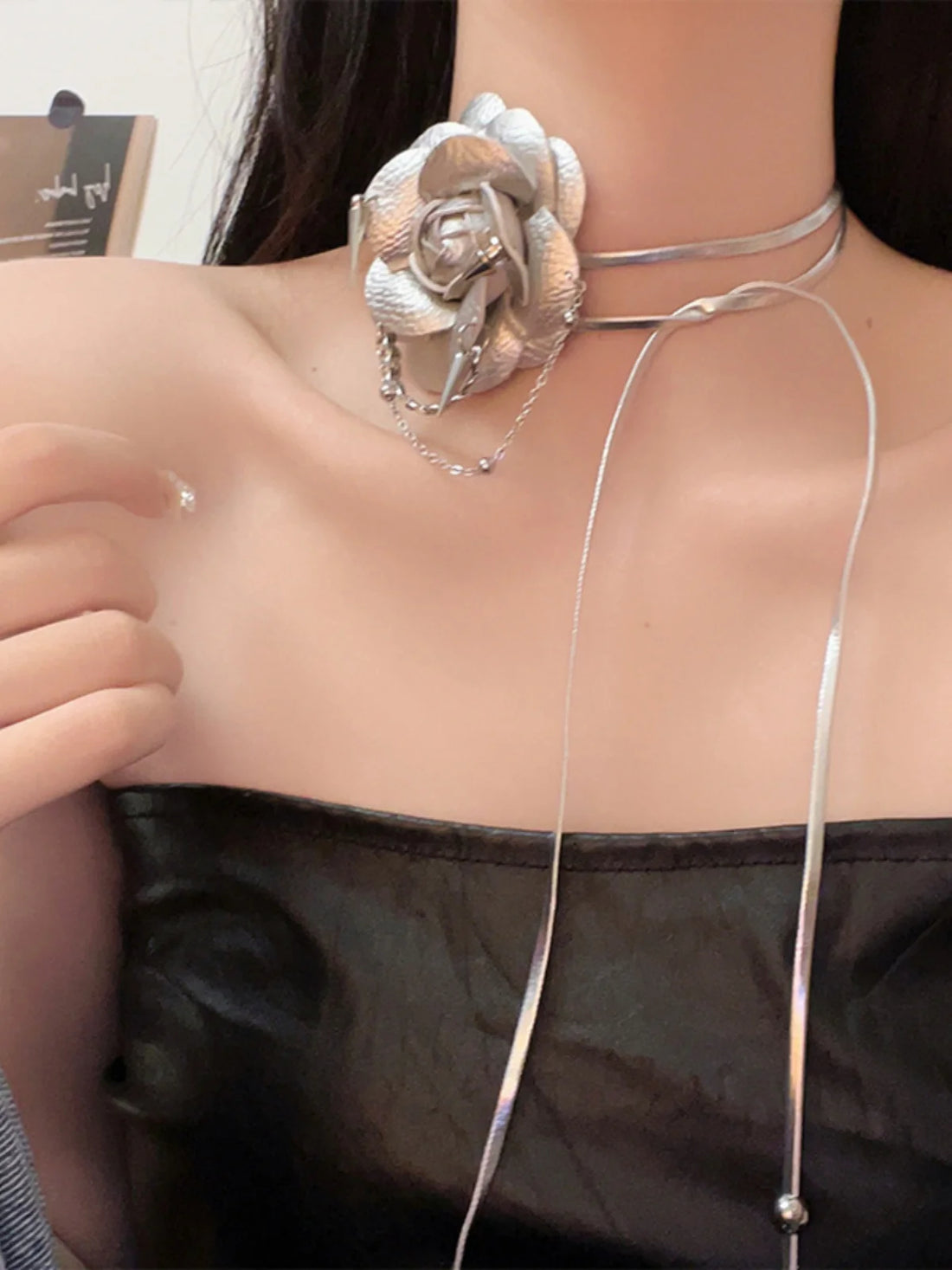 Sakura Silver Camellia Tie Necklace