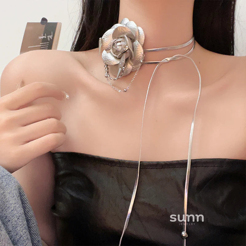 Sakura Silver Camellia Tie Necklace