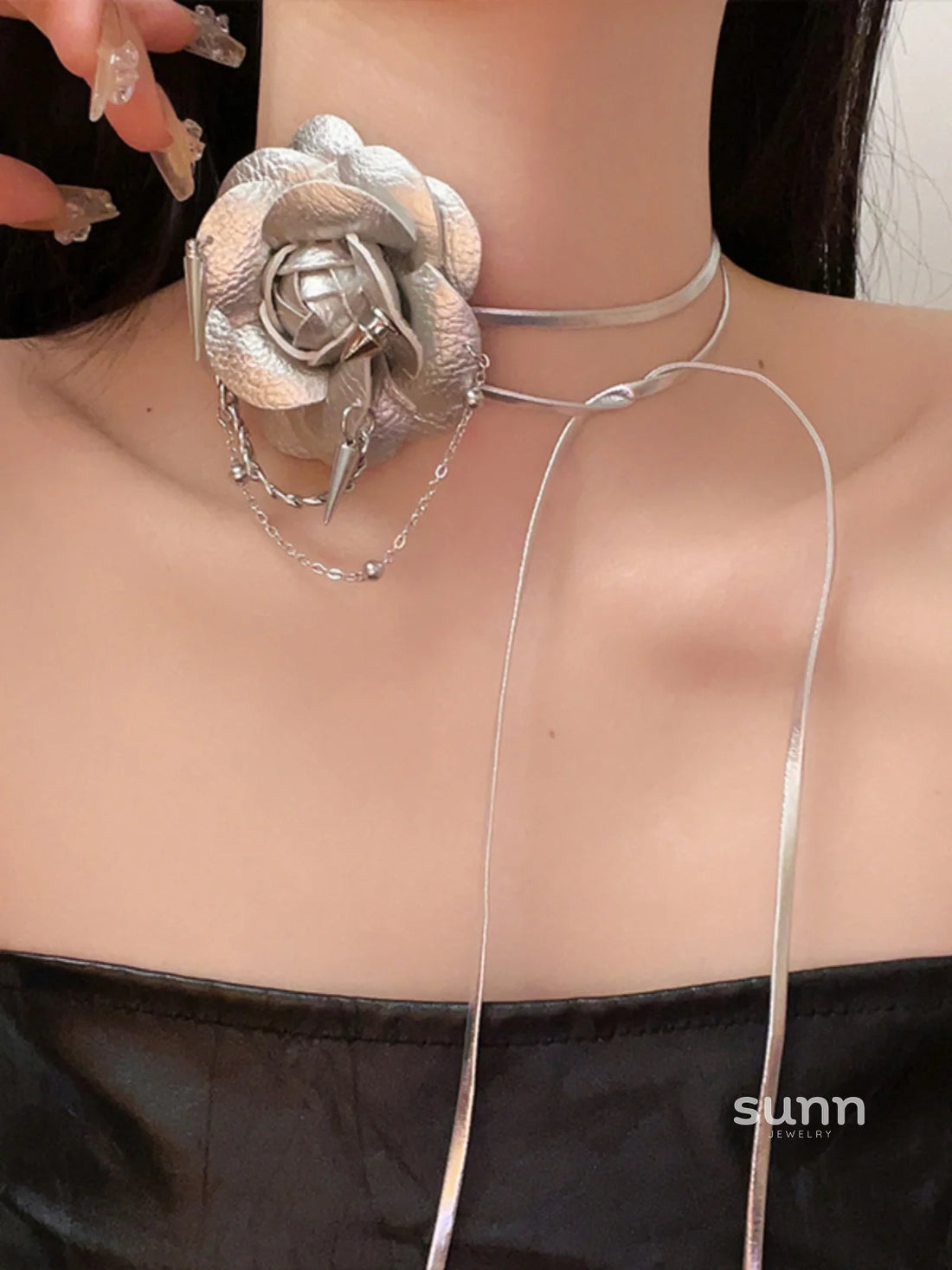 Sakura Silver Camellia Tie Necklace