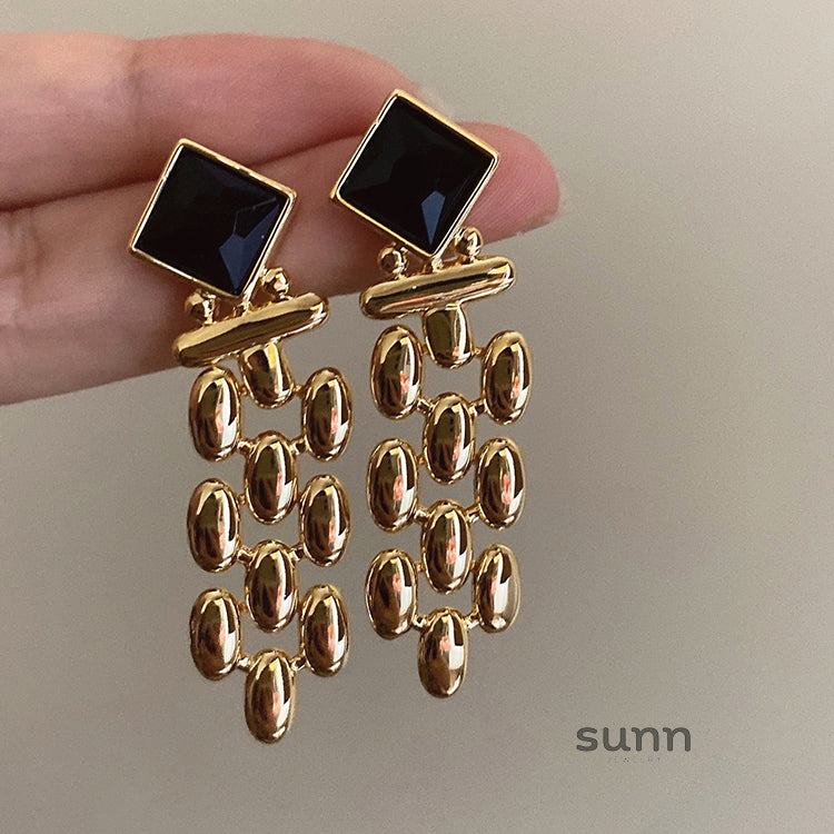 Samiya Gold Plated Black Gemstone Statement Earrings [0WIEYZSA]