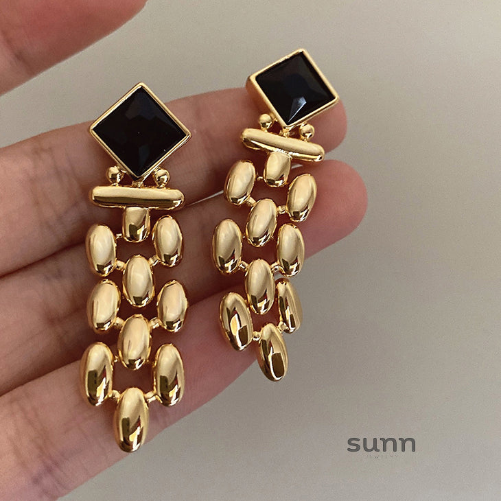 Samiya Gold Plated Black Gemstone Statement Earrings [XL53NL53]