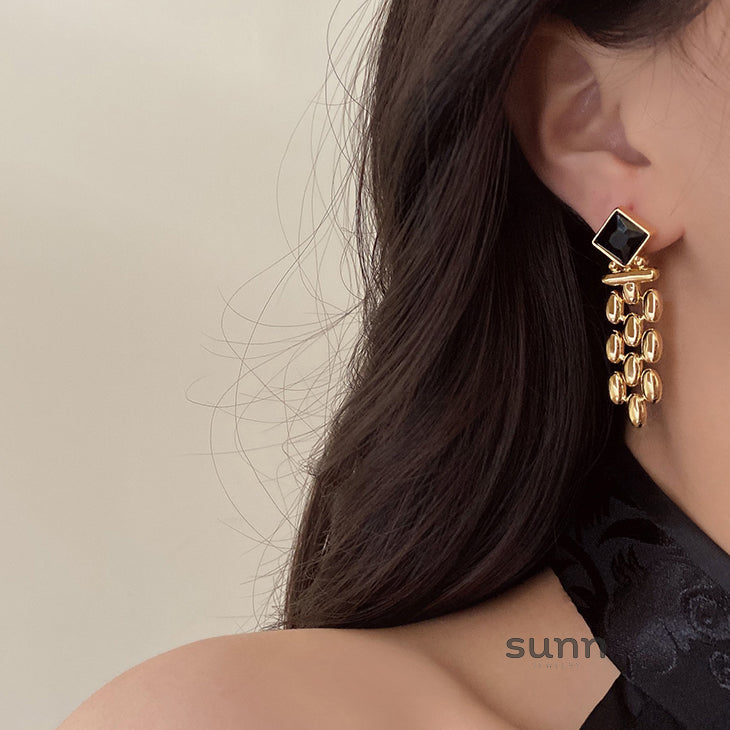 Samiya Gold Plated Black Gemstone Statement Earrings [5DM2FGEL]