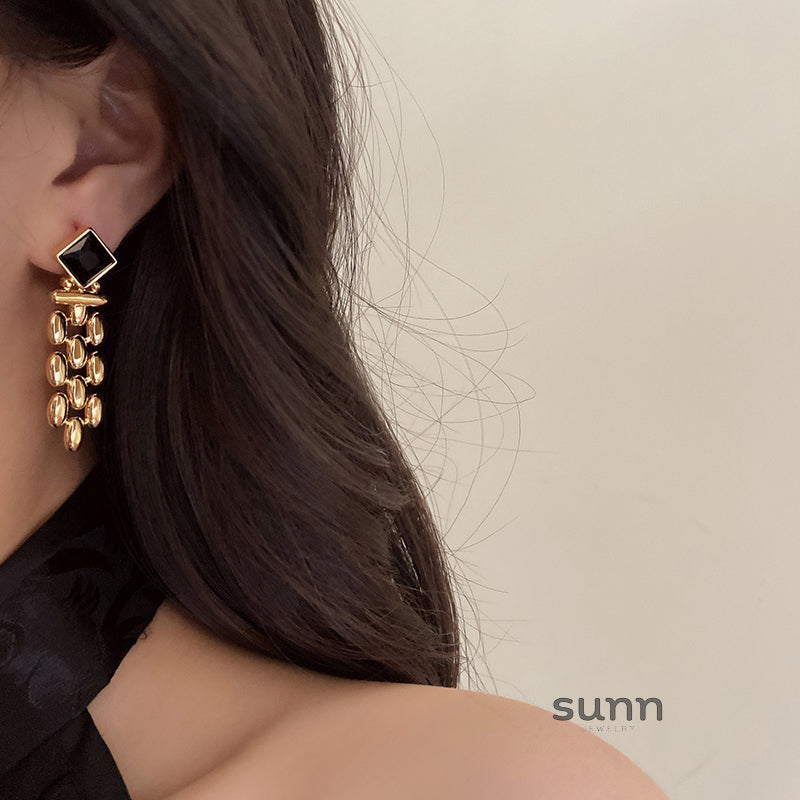 Samiya Gold Plated Black Gemstone Statement Earrings [GKAKH1E8]