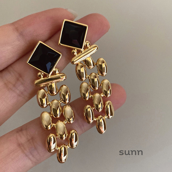 Samiya Gold Plated Black Gemstone Statement Earrings [HE3P3BWB]
