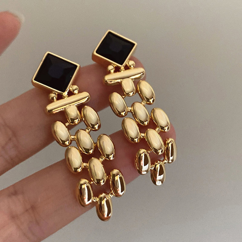 Samiya Gold Plated Black Gemstone Statement Earrings [QHM38B1O]