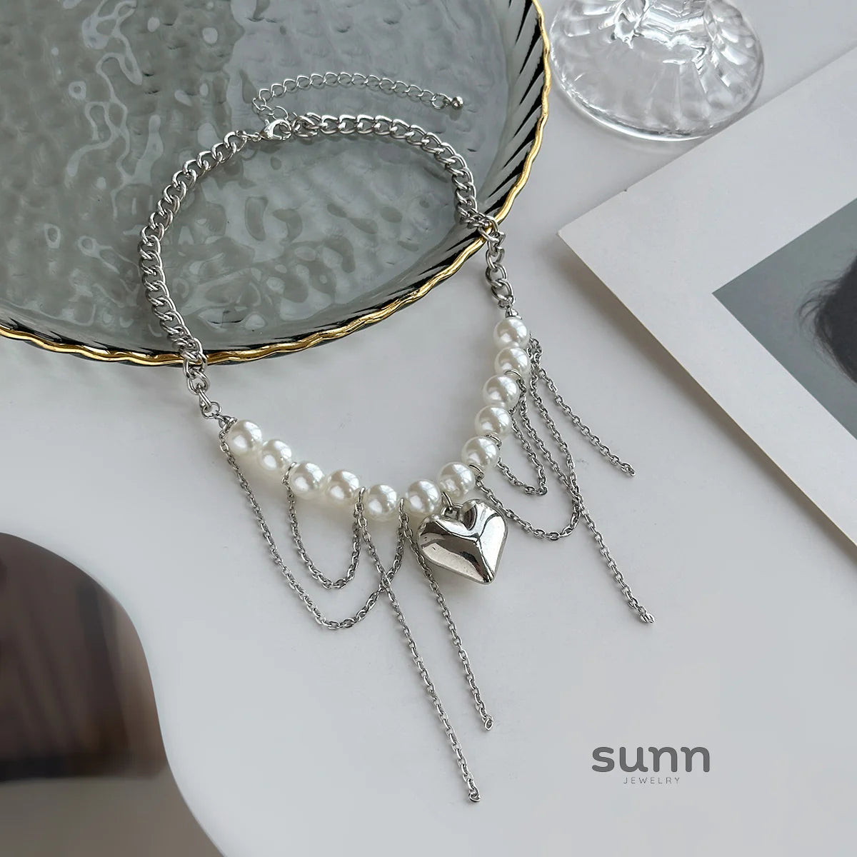 Saniah Pearl Heart Tassel Necklace
