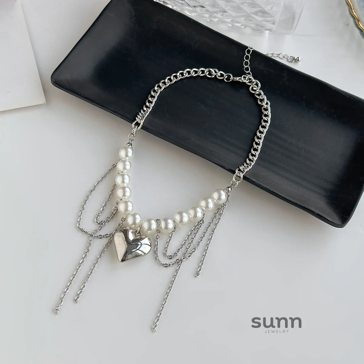 Saniah Pearl Heart Tassel Necklace