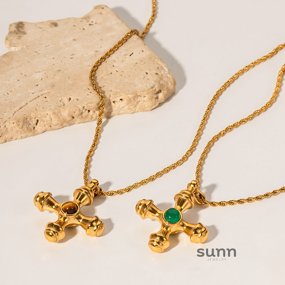 Seven Tiger Eye Cross Necklace [9H90AERB]